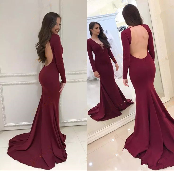 Modest Long Sleeve Burgundy Backless V-neck Mermaid Prom Dress-newarrivaldress