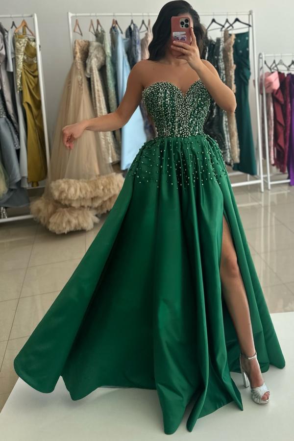 Charming Sweetheart Green Front Split Evening Dress Glitter Strapless Floor Length Satin Aline Special Occasion Dress-newarrivaldress
