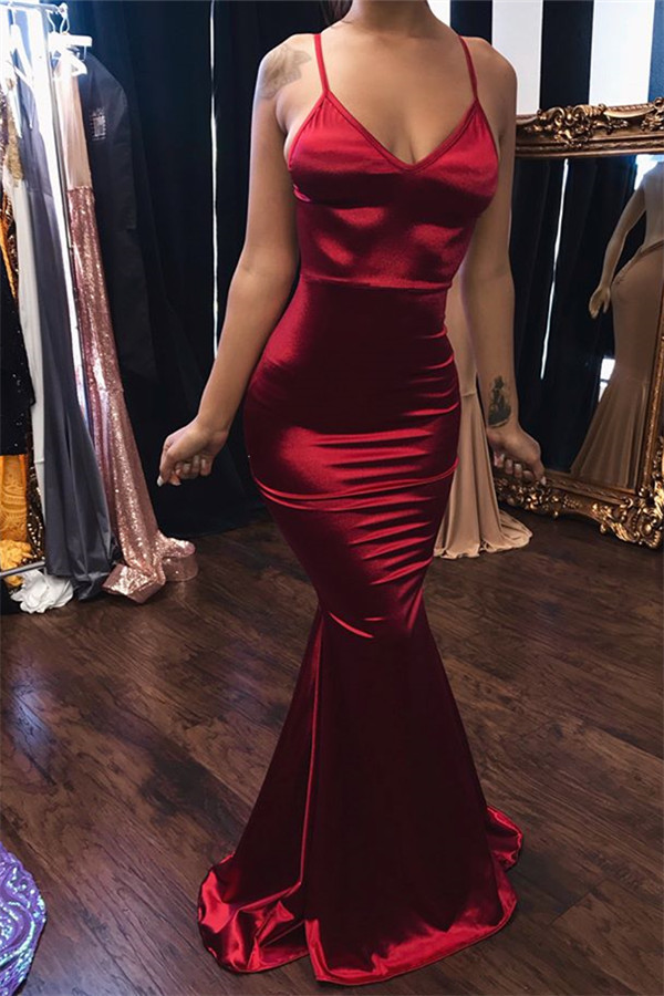 Sexy Burgundy Spaghetti-Straps Sleeveless Mermaid Prom Dresses-newarrivaldress