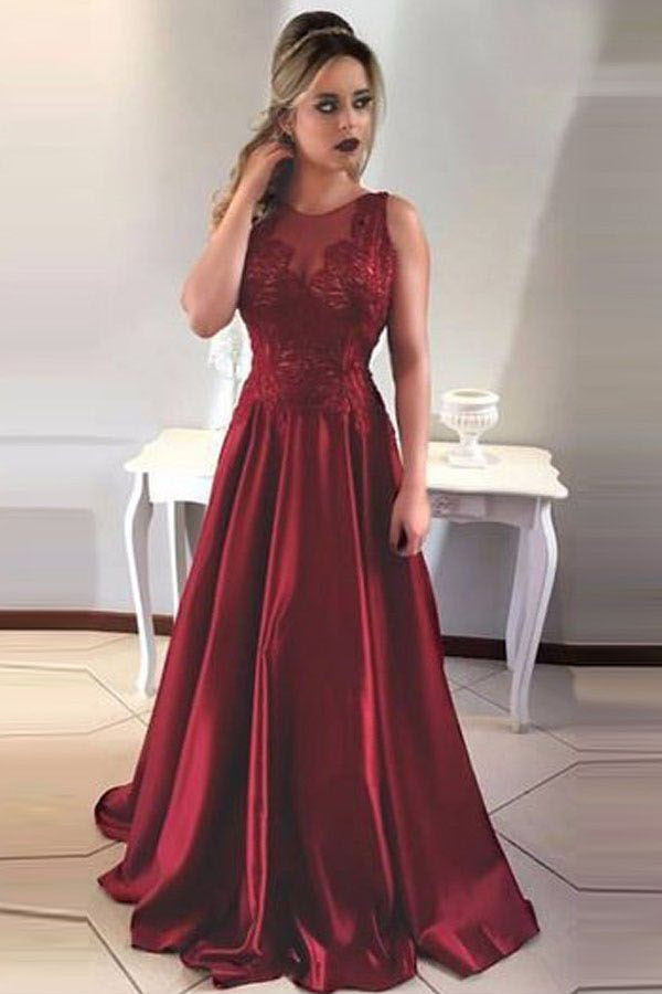 Vintage Burgundy Evening Dresses | Scoop Sleeveless Lace Appliques prom Dresses-newarrivaldress