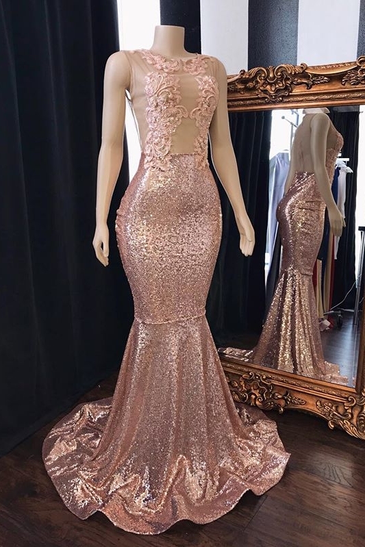 Pink Sequins Appliques Mermaid Long Prom Dresses | New Arrival Sleeveless Sheer Tulle Evening Gowns-newarrivaldress