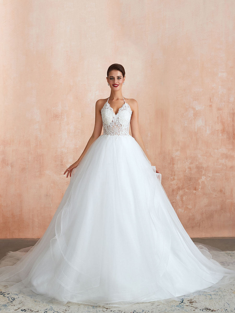 Wedding Dress 2021 Ball Gown Halter Sleeveless Floor Length Lace Tulle Bridal Gowns With Train-newarrivaldress