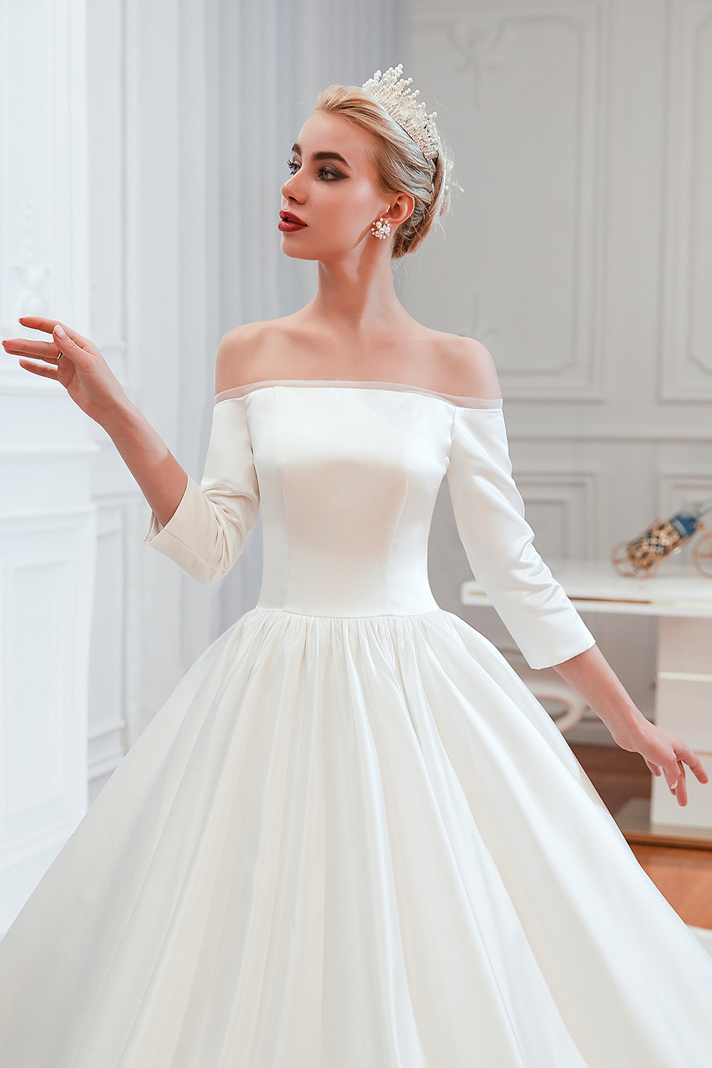 Amazing Off Shoulder Satin Wedding Dress Aline with Sleeves-newarrivaldress