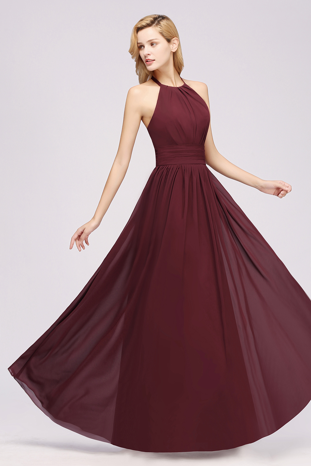 A-line Chiffon Appliques Halter Sleeveless Floor-Length Bridesmaid Dresses with Ruffles-newarrivaldress