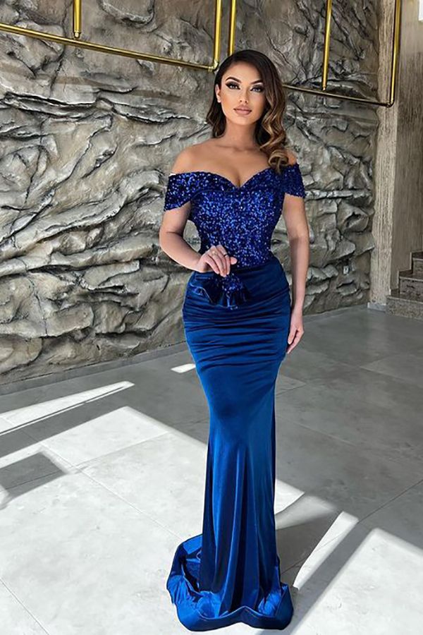 Off-the-Shoulder Shiny Sequins Mermaid Prom Dress Royal Blue Long Evening Maxi Gown-newarrivaldress