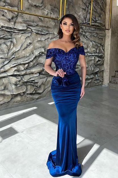 Off-the-Shoulder Shiny Sequins Mermaid Prom Dress Royal Blue Long Evening Maxi Gown-newarrivaldress
