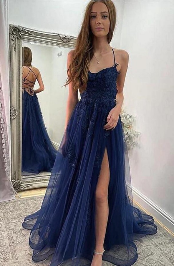 Sexy Halter Navy Blue Tulle Lace Evening Party Dress Side Split Prom Dress-newarrivaldress