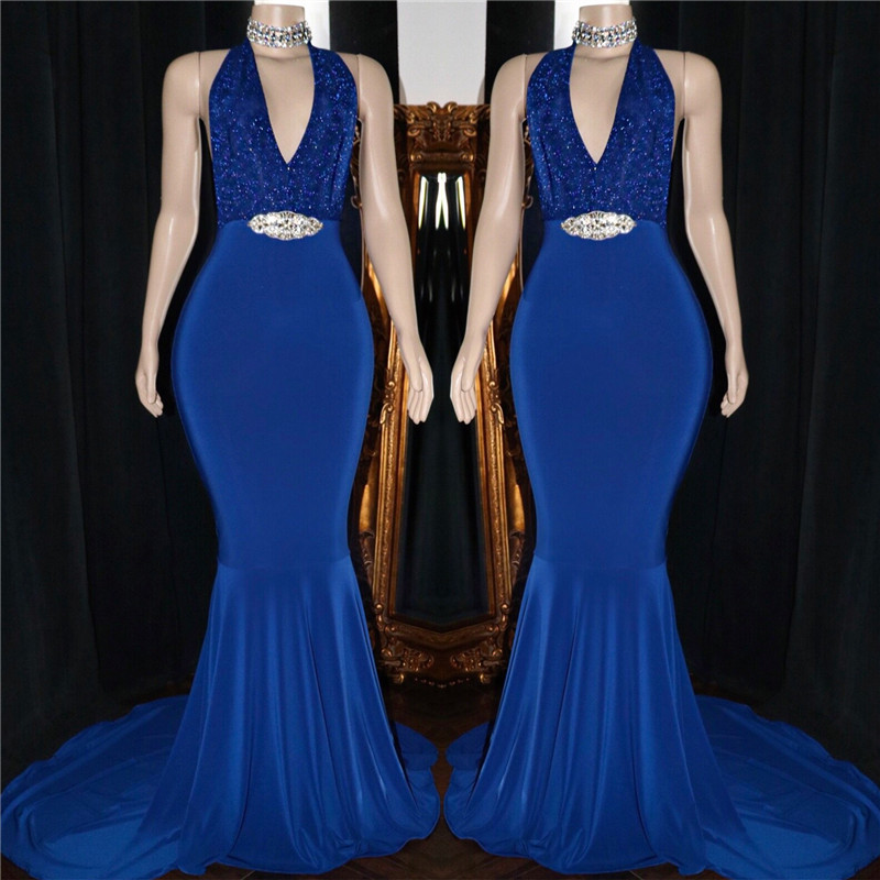 Royal Blue Formal Dresses with Crystals Belt| Halter Mermaid Sequins Long Prom Dresses-newarrivaldress