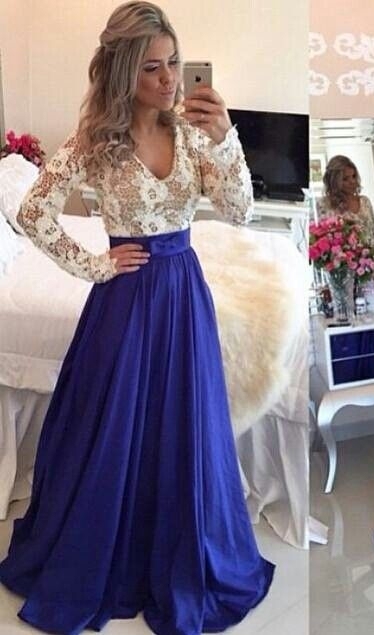 Lace Long Sleeves Prom Dresses V Neck Sheer Open Back Beaded Evening Gowns BT00-newarrivaldress