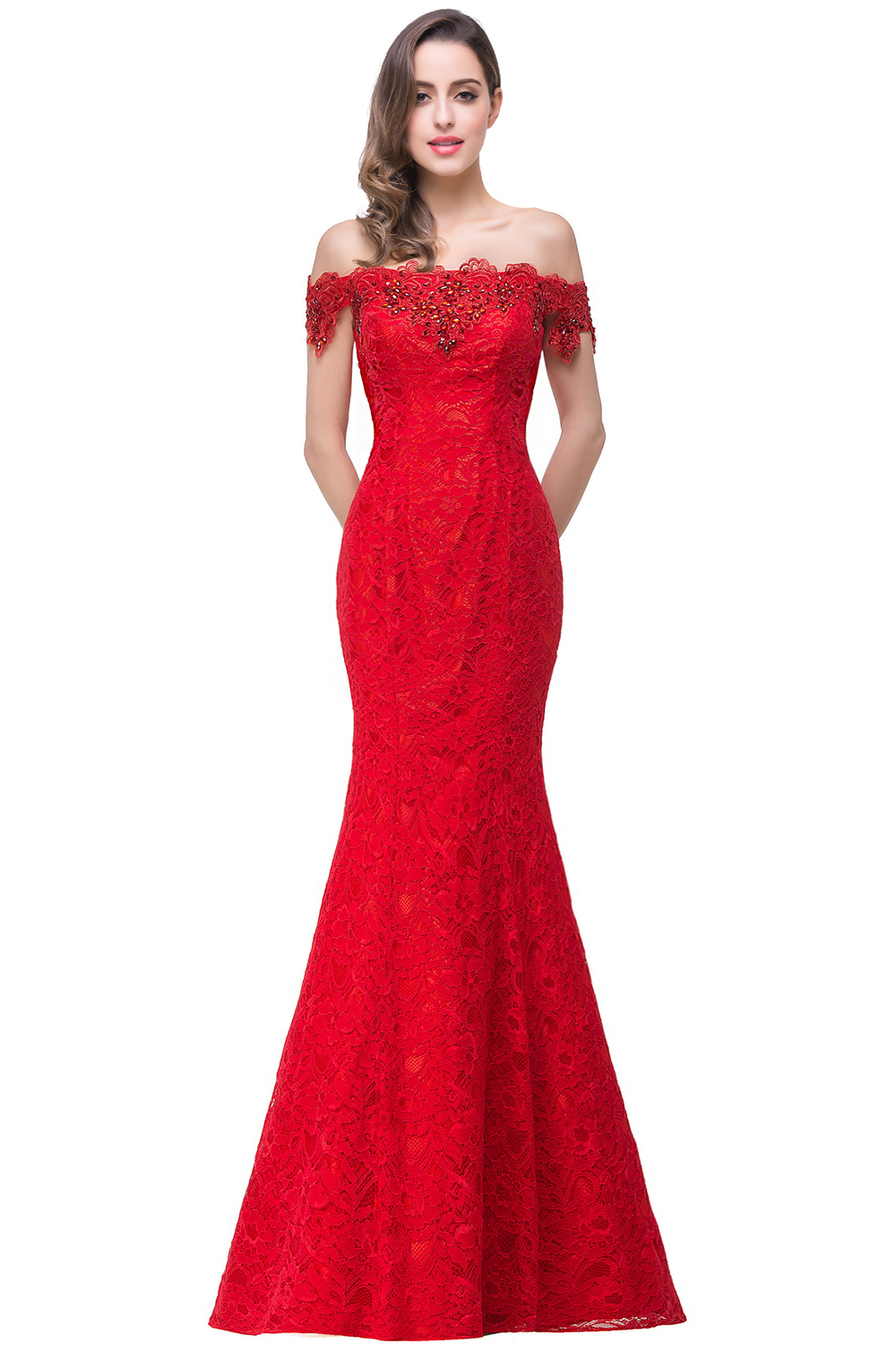 Crystal Beaded Red Mermaid Evening Dresses Off the Shoulder Prom Party Dress