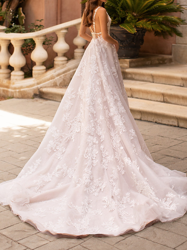 Gorgeous Floral Lace V-Neck Aline Wedding Gowns Sleeveless Bridal Dress-newarrivaldress