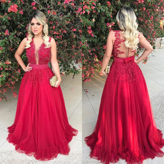 Red Sleeveless LaceEvening Dress With Beadings Long BMT BA7607-newarrivaldress