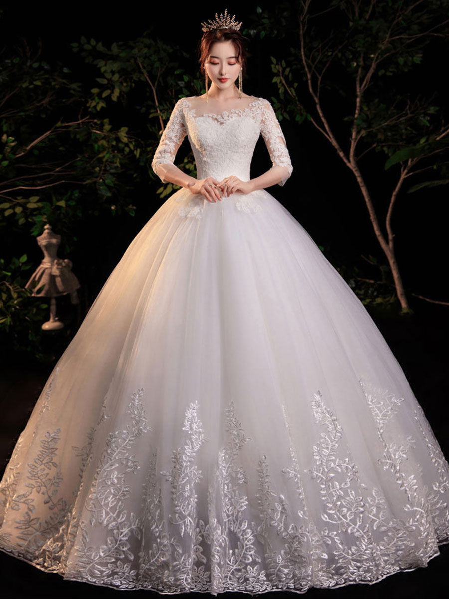 Simple Wedding Dress Eric White Ball Gown Jewel Neck Half Sleeves Applique Long Bridal Dresses-newarrivaldress