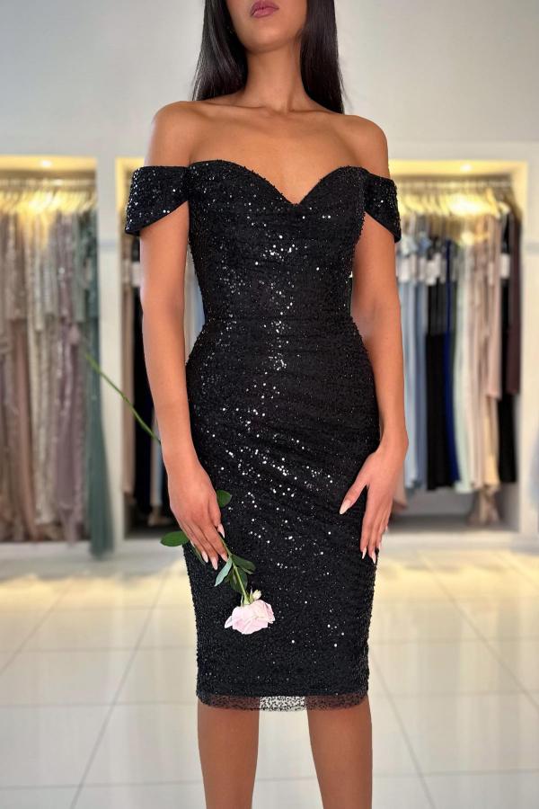 Off-the-Shoulder Sequins Black Short Party Dress Knee-Length Prom Dress-newarrivaldress