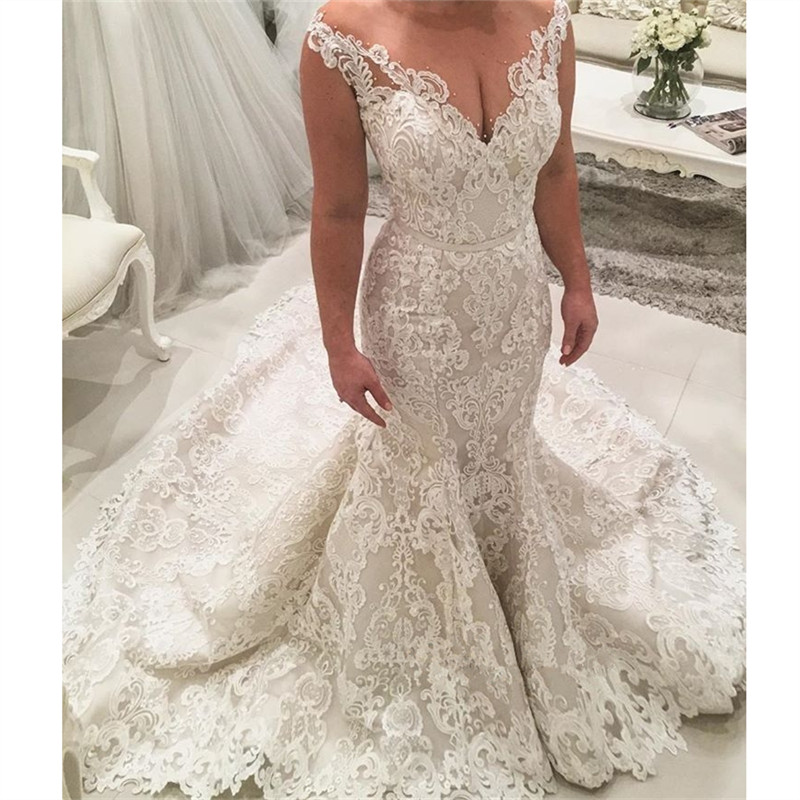 2021 Mermaid Lace Wedding Dresses | Sheer Tulle Sleeveless Sexy Bridal Gowns with Long Train-newarrivaldress