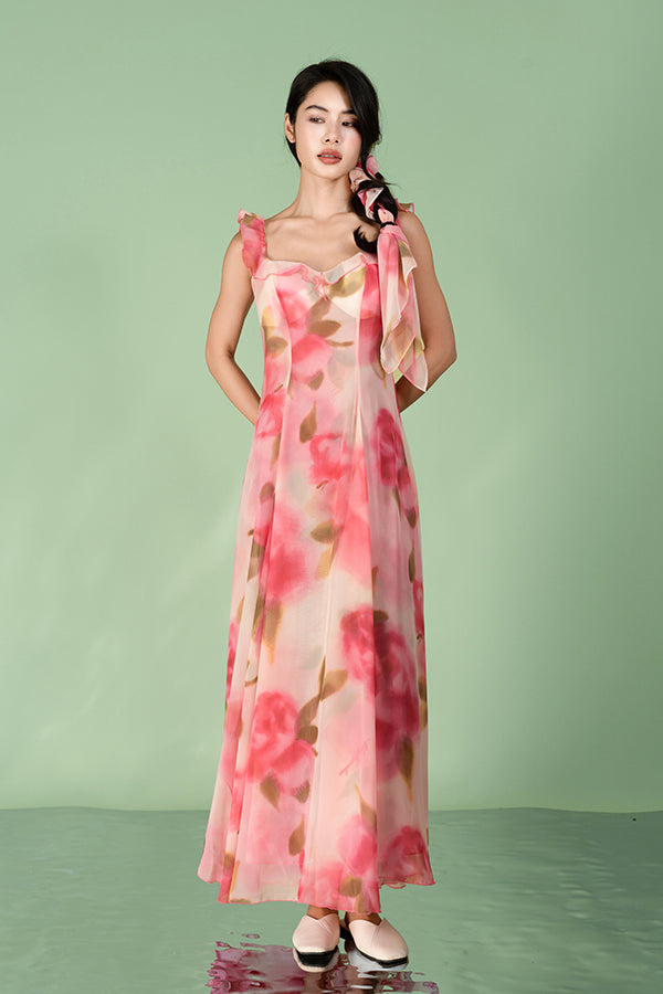 Fuchsia A-Line Chiffon Long Flowers Dresses