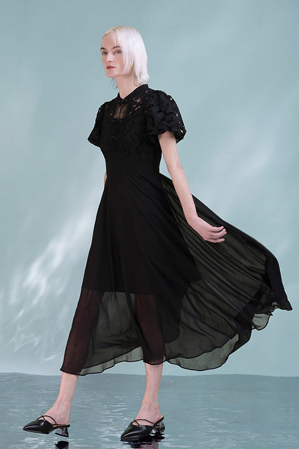 Black A-Line Dresses Short Sleeves with Applique