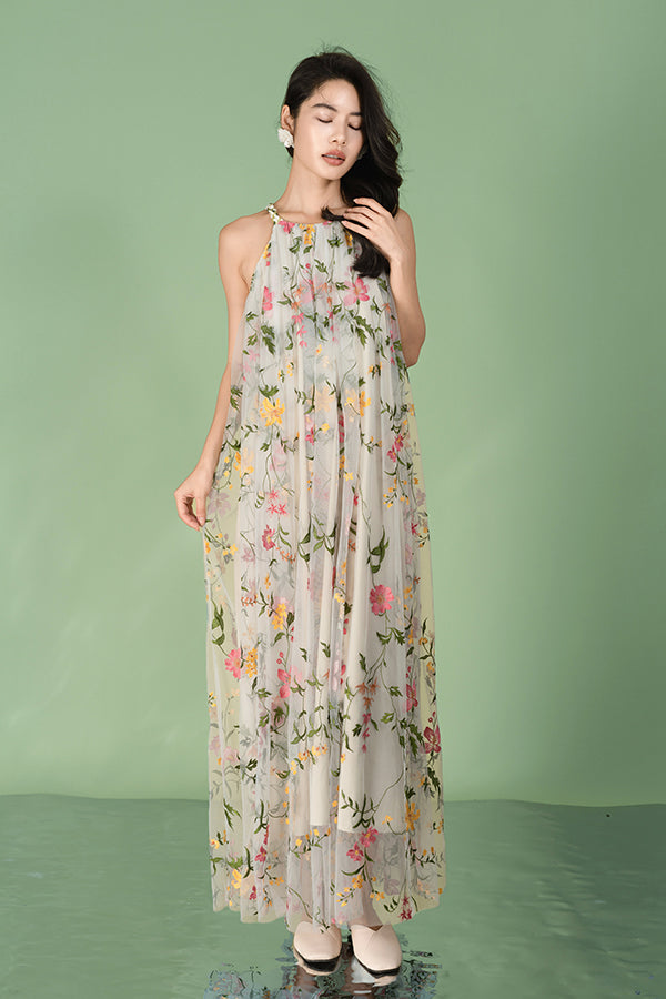 Floral Halter A-Line Long Chiffon Dresses