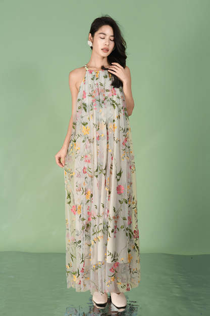 Floral Halter A-Line Long Chiffon Dresses