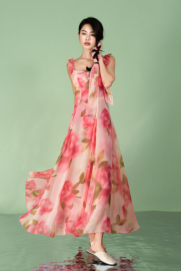Fuchsia A-Line Chiffon Long Flowers Dresses