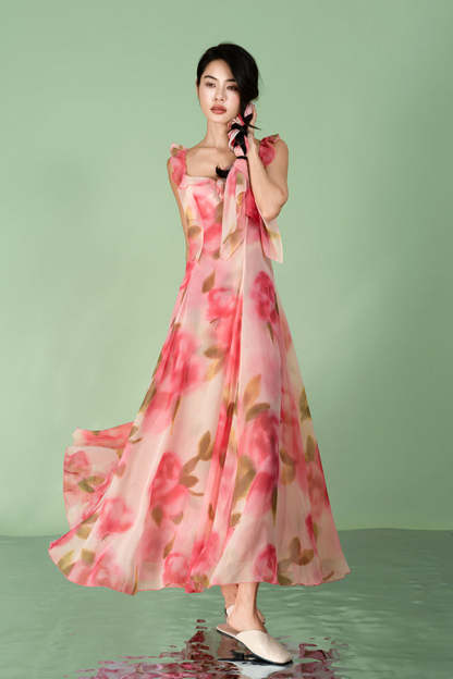 Fuchsia A-Line Chiffon Long Flowers Dresses