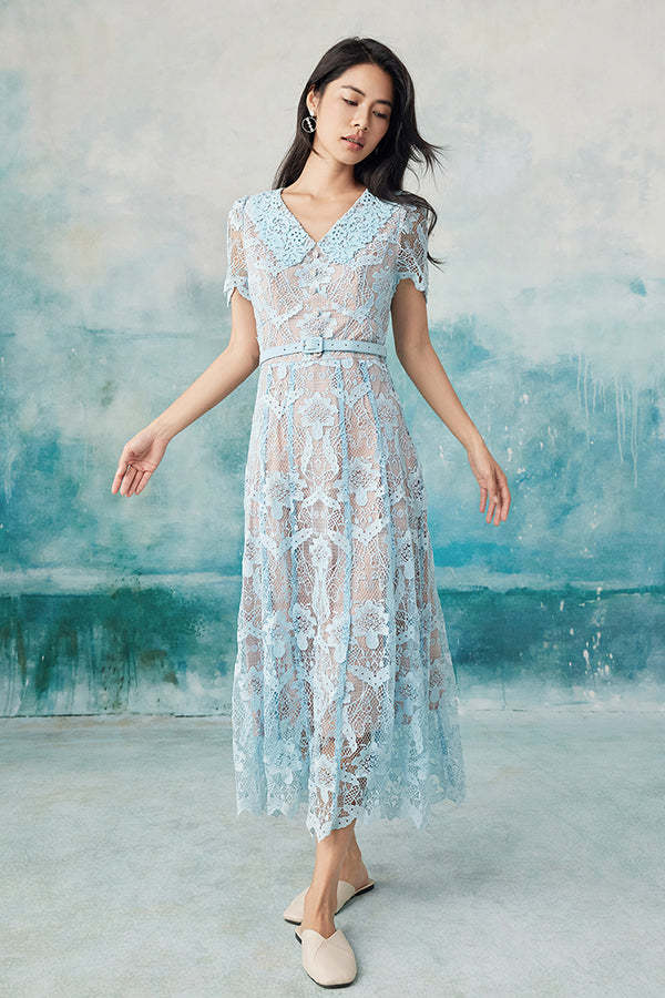 V-Neck Short Sleeves Blue Lace A-Line Long Dresses