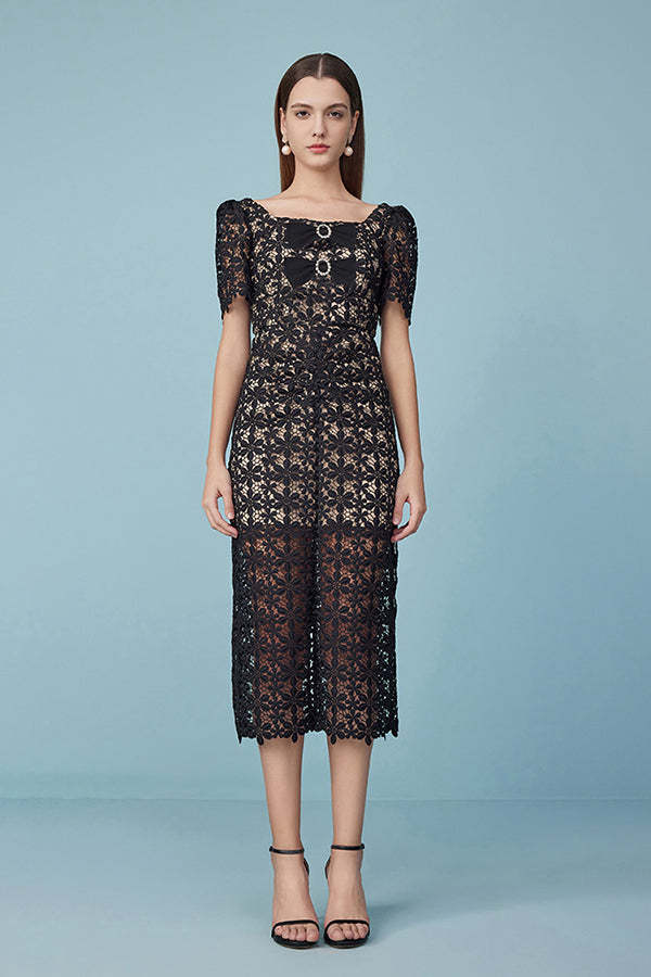 Square Neck Black Lace Long Dresses Short Sleeves