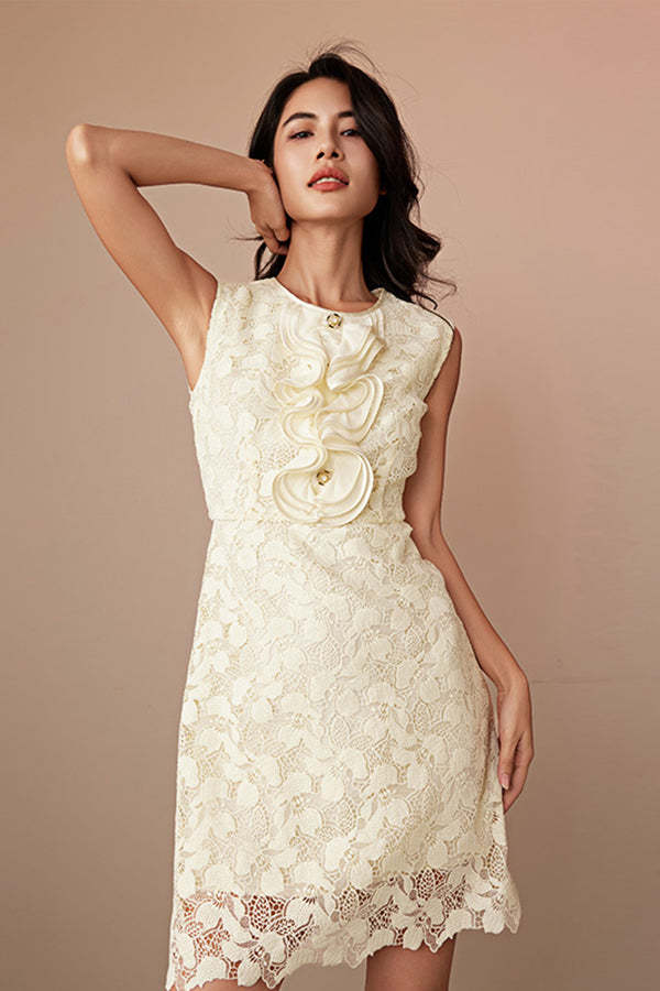 Yellow Lace Sleeveless A-Line Short Dresses