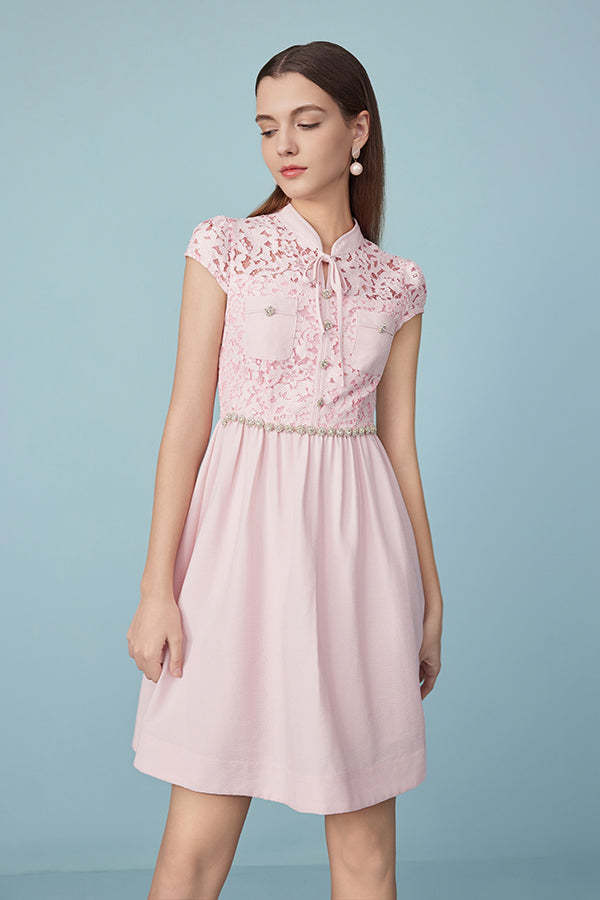 Pink A-Line Short Dresses with Cap Sleeves