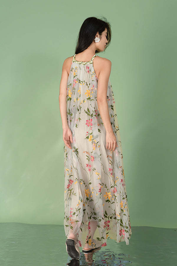 Floral Halter A-Line Long Chiffon Dresses