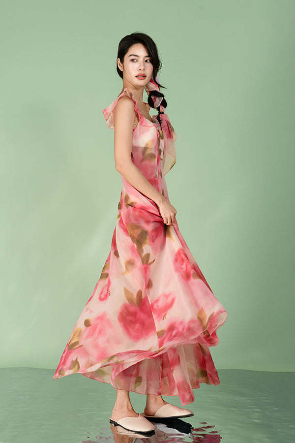 Fuchsia A-Line Chiffon Long Flowers Dresses