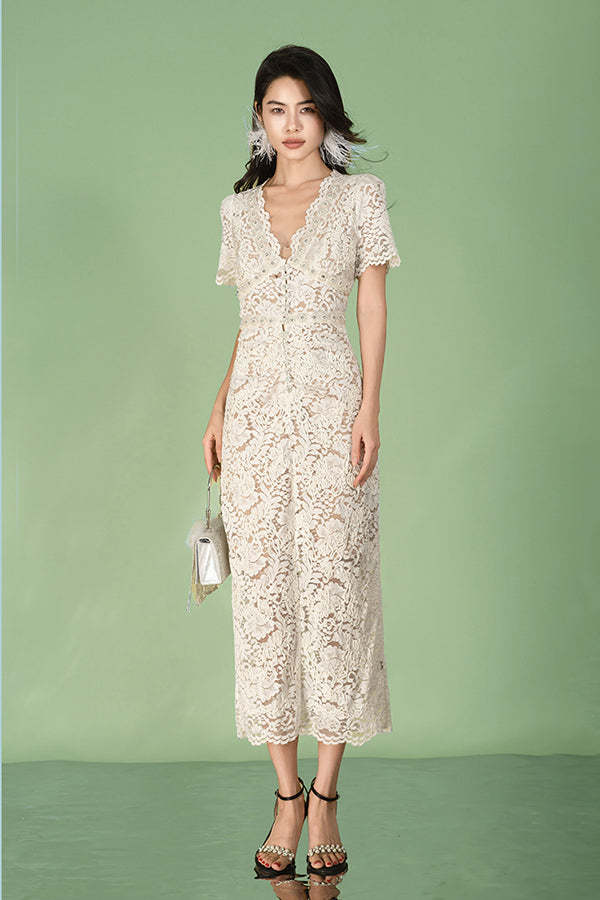 V-Neck Ivory Lace Long Dresses Short Sleeves-newarrivaldress