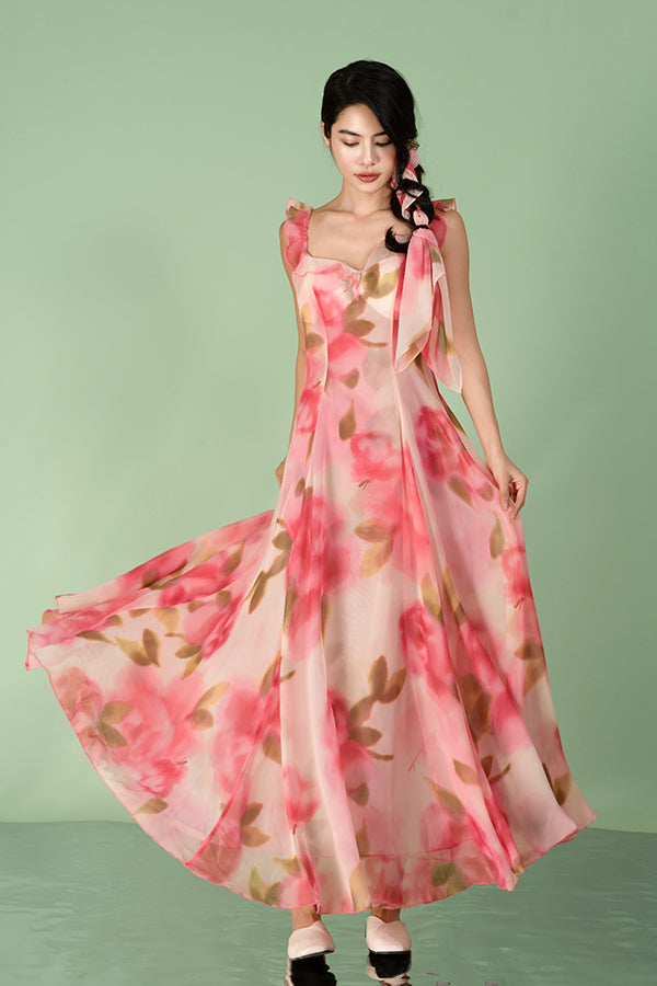 Fuchsia A-Line Chiffon Long Flowers Dresses
