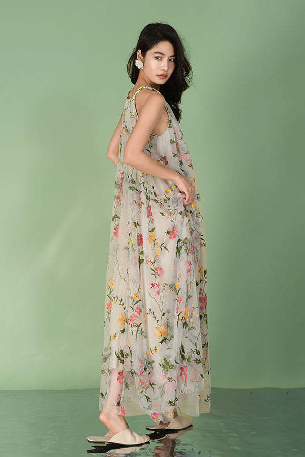 Floral Halter A-Line Long Chiffon Dresses