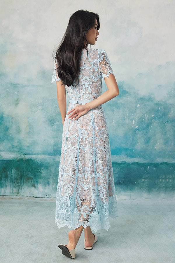 V-Neck Blue Lace A-Line Long Dresses