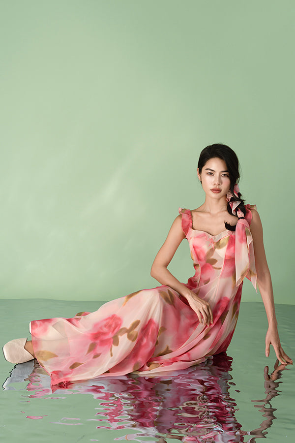 Fuchsia A-Line Chiffon Long Flowers Dresses