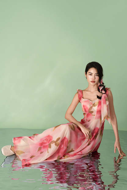 Fuchsia A-Line Chiffon Long Flowers Dresses