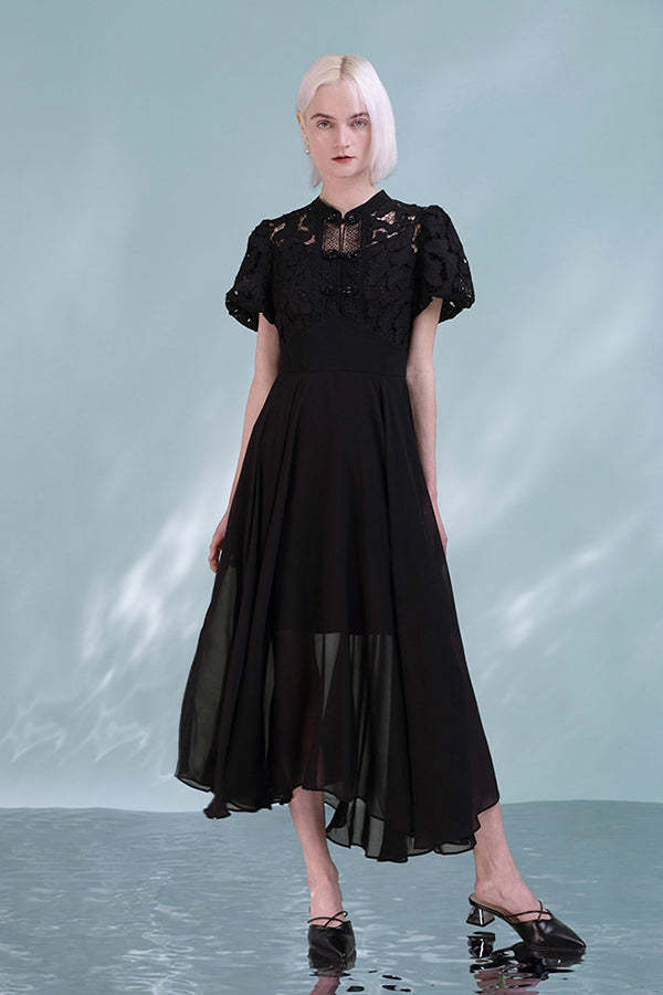 Black Short Sleeves A-Line Dresses with Appliques
