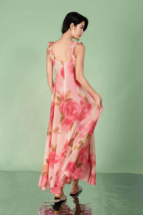 Fuchsia A-Line Chiffon Long Flowers Dresses