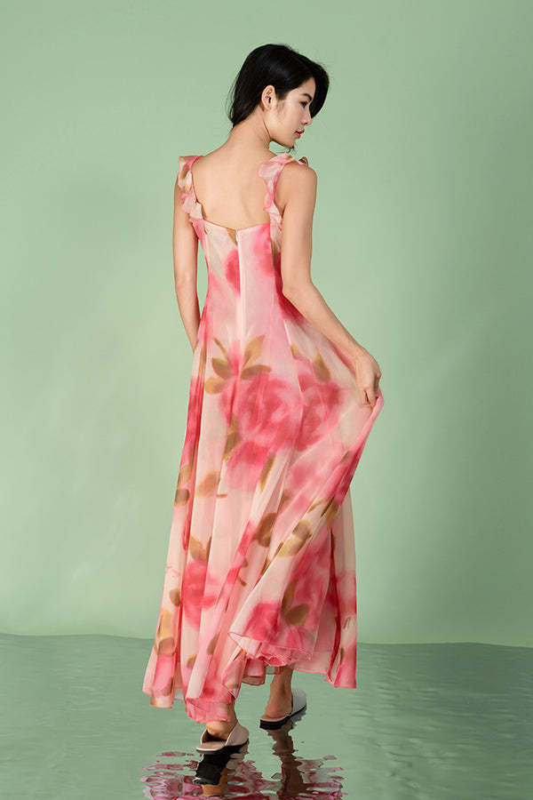Fuchsia A-Line Chiffon Long Flowers Dresses