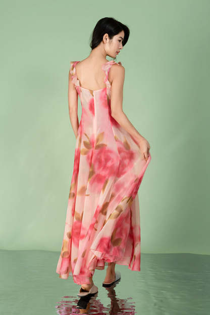 Fuchsia A-Line Chiffon Long Flowers Dresses