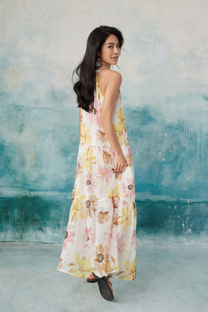 Floral Halter Strapless Chiffon Long Dresses