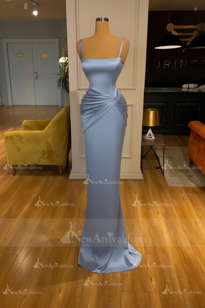 Chic Sky Blue Square Neck Slim Evening Party Wear Dress Sleeveless Satin Prom Dress
