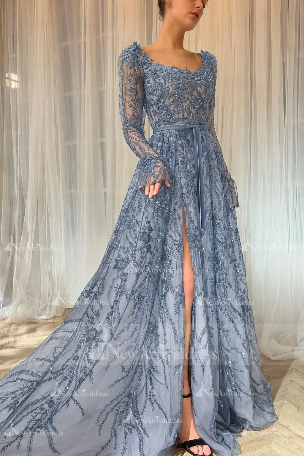 Elegant Black Sequins Aline Evening Dress with Sleeves