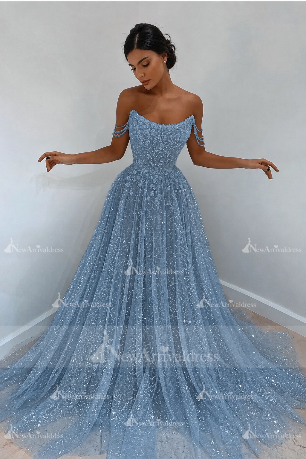 Beautiful Long A-line Sweetheart Sequined Prom Dress Off Shoulder Sky Blue Long Evening Dress
