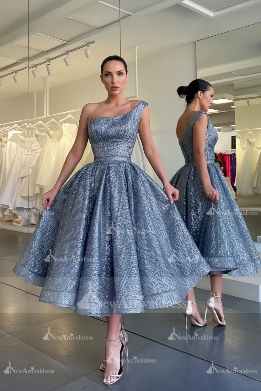 One Shoulder Glitter Sequins Tea Length Evening Wedding Guest Dress