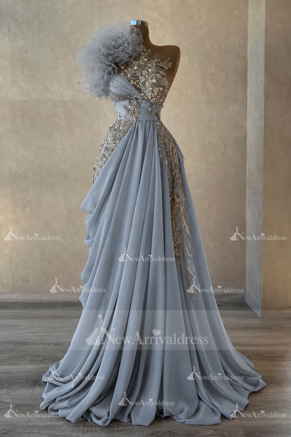 Stunning One Shoulder Flowers Ruched Satin Evening Dress Appliques Aline Party Dress