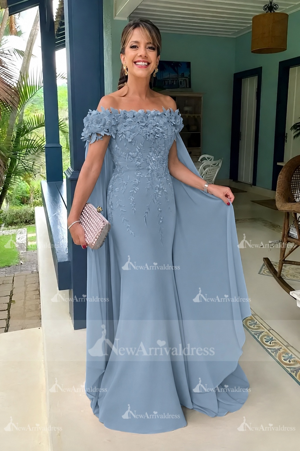 Off-the-Shoulder Pink Chiffon Flowers Long Mother of the Bride Dress with Cape