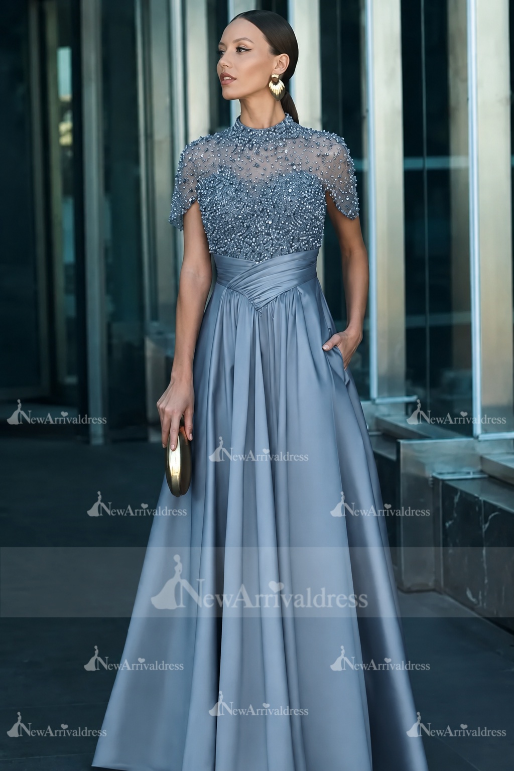 Dark Green Short Sleeves  Satin A-line Evening Dress with Beadings