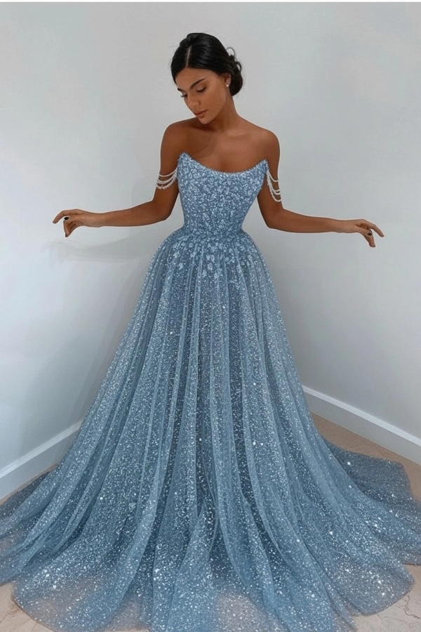 Beautiful Long A-line Sweetheart Sequined Prom Dress Off Shoulder Sky Blue Long Evening Dress